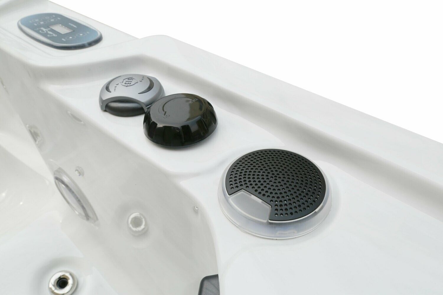 Hot tub control panel with three buttons and a small display, all white and grey.