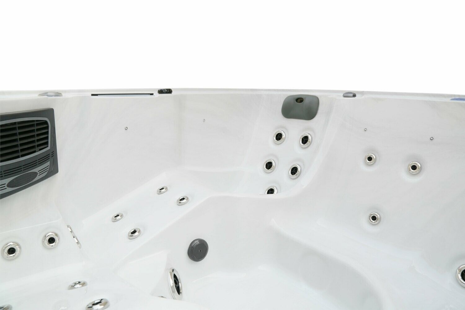 White hot tub interior with multiple water jets and controls.