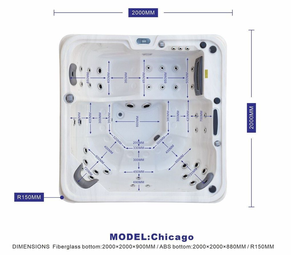 Top-down view of a white, square hot tub with internal jet placements and dimensions labeled. Model: Chicago.