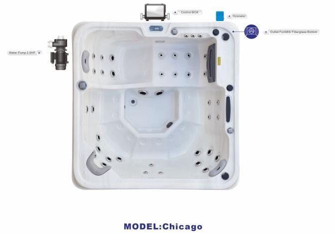 Top-down view of a white, square hot tub model 