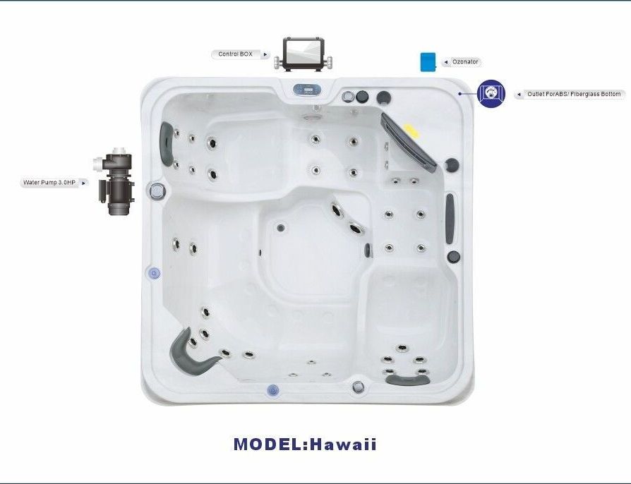 Top-down view of a white, square hot tub model 