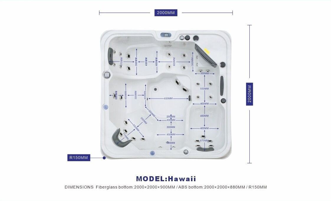 Top-down view of a square spa with blue lines indicating jets and dimensions. The model is called 