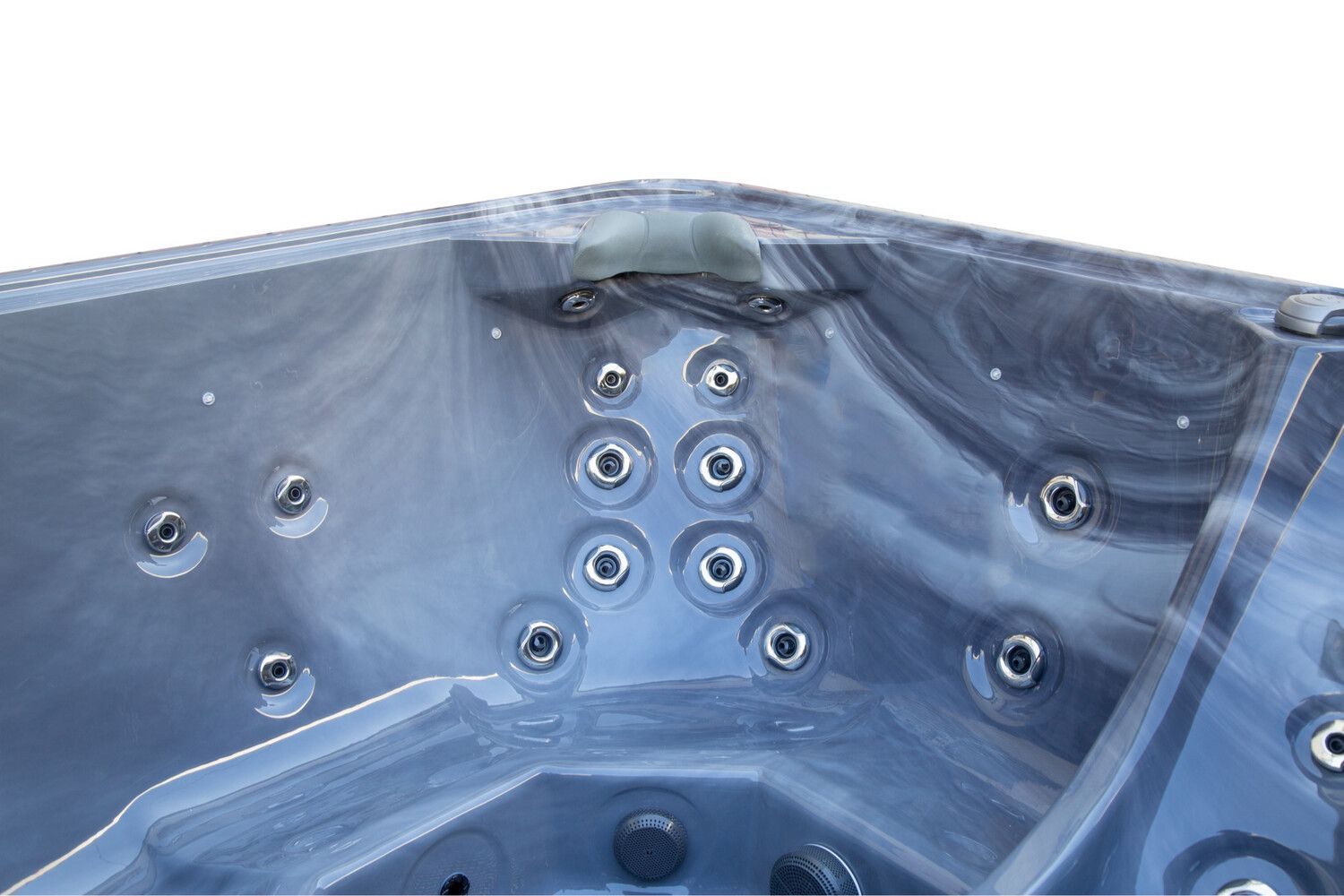 Close-up of a blue and gray marbled hot tub interior with multiple water jets.