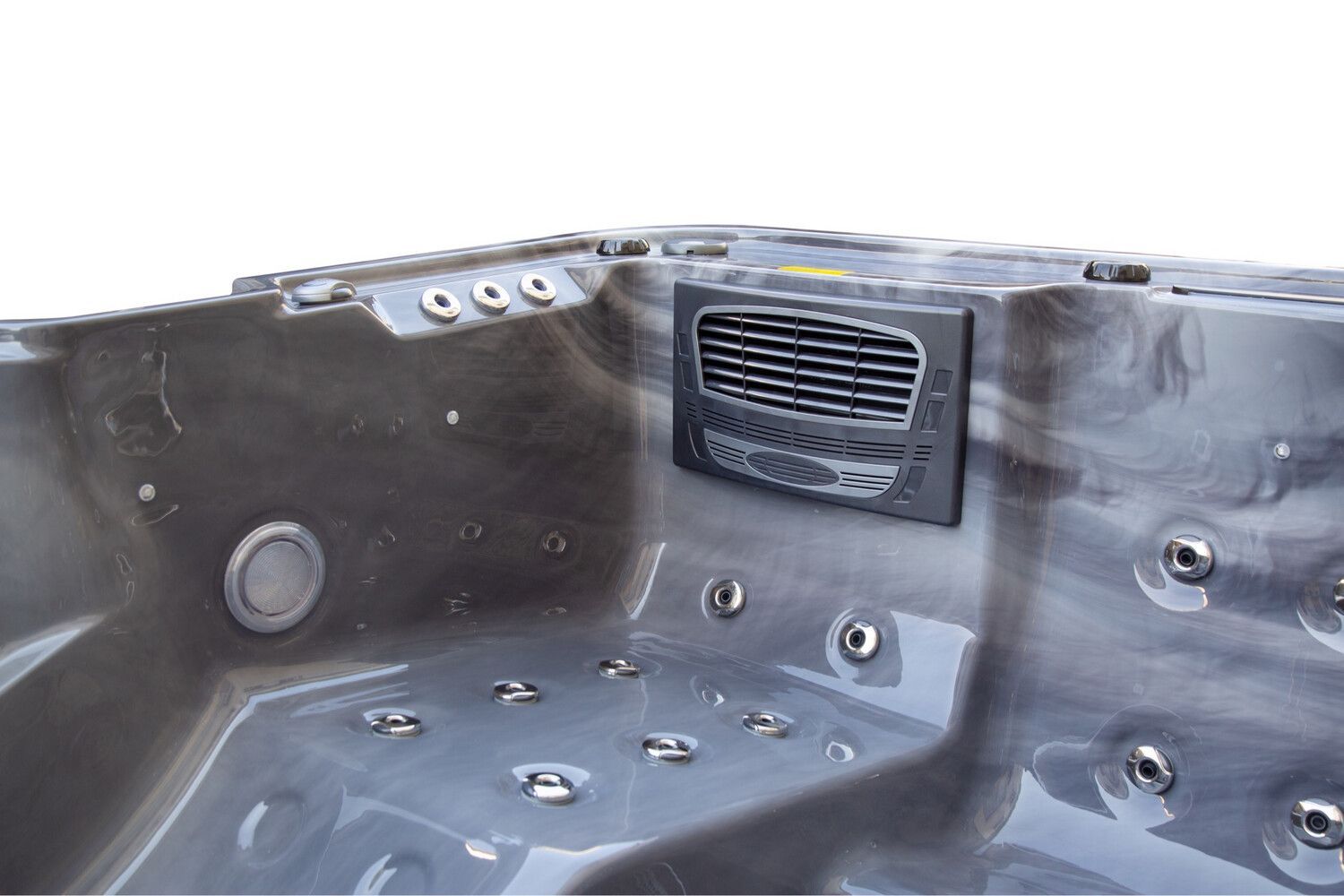Interior of a gray hot tub, with jets, a vent, and control panel visible.