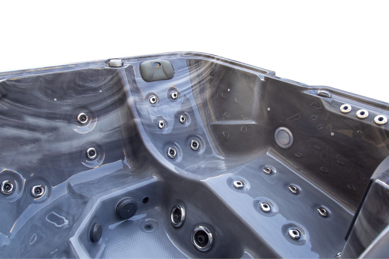 Inside view of a dark gray hot tub with multiple jets, empty, against a white background.