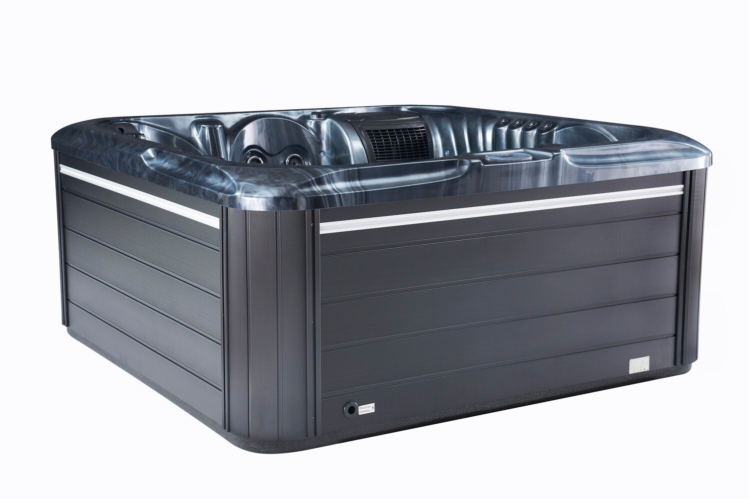 Square hot tub with dark gray exterior and blue/gray interior.