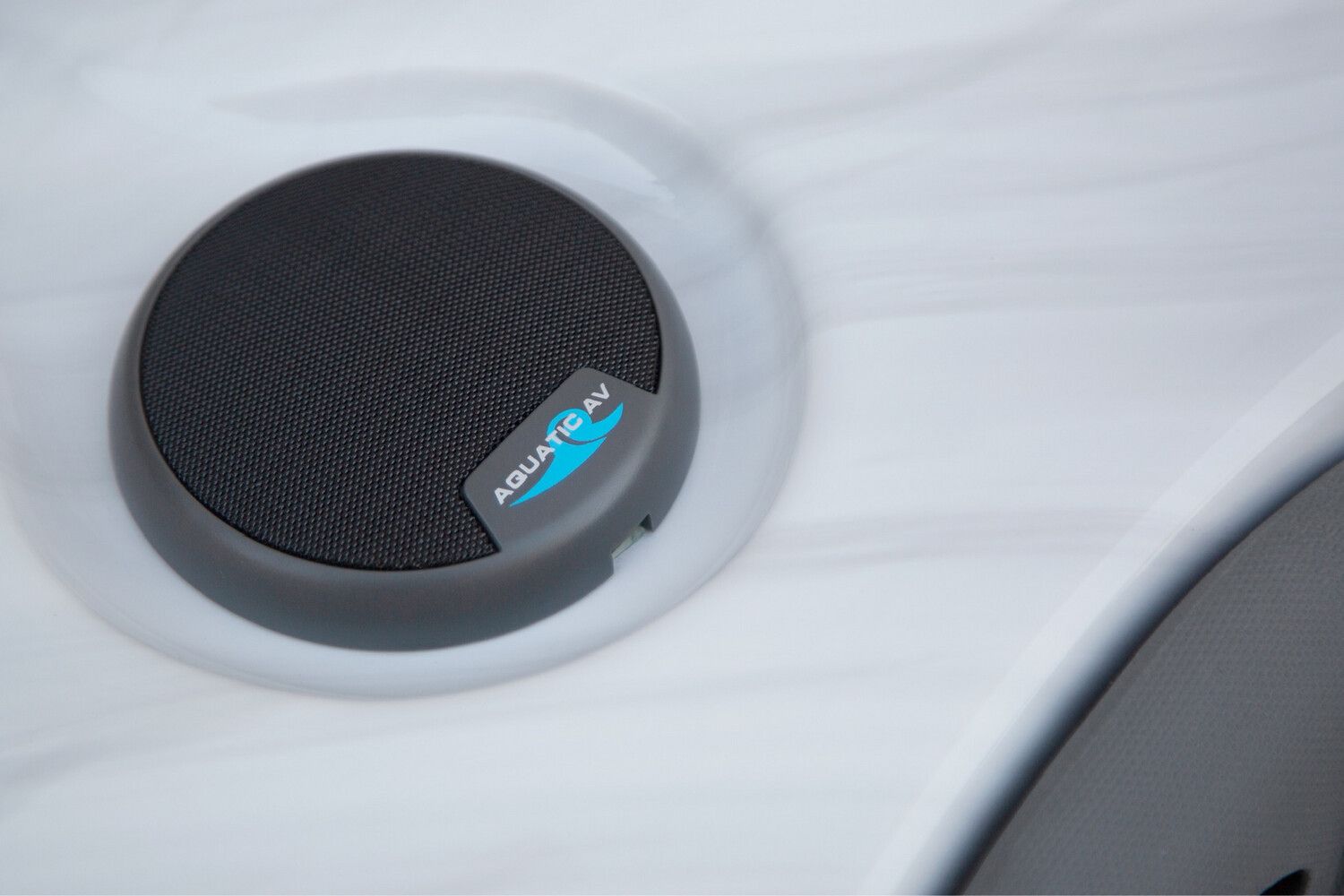 Close-up of a dark grey spa speaker with 