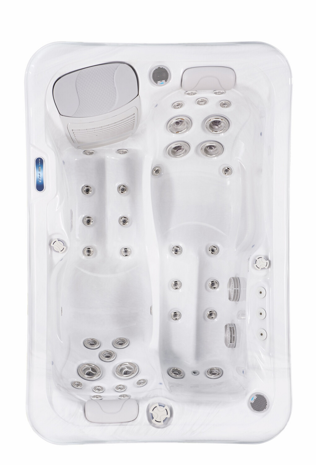 White hot tub with multiple jet configurations, rectangular shape.