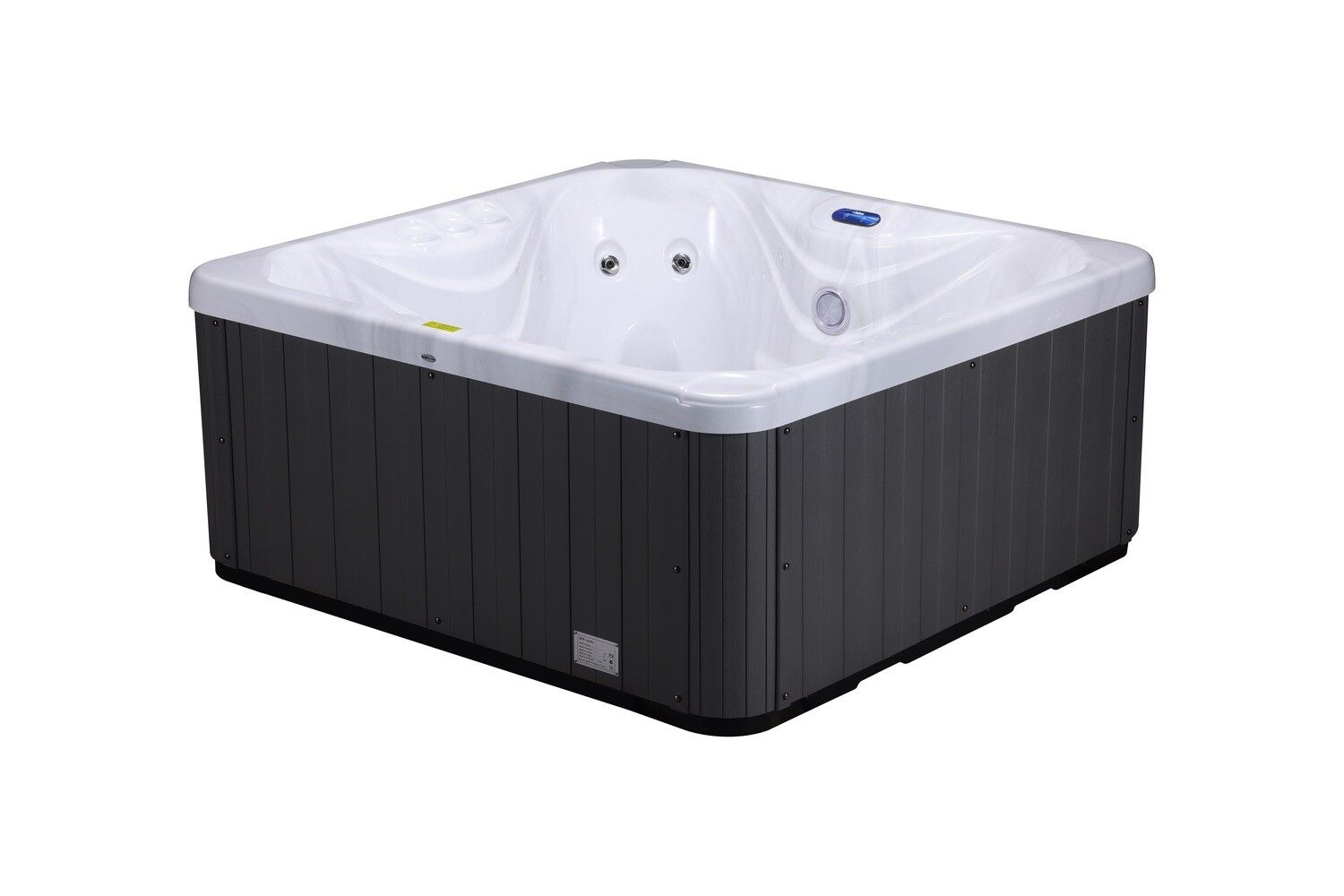 Square hot tub with gray exterior, white interior, and jets.