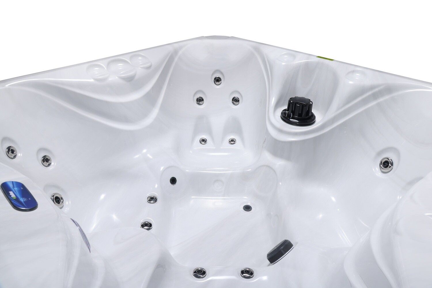 White hot tub interior with molded seats, jets, and controls.