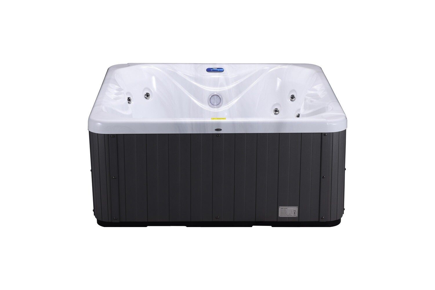 Hot tub with a dark gray exterior and a white interior, set against a white backdrop.