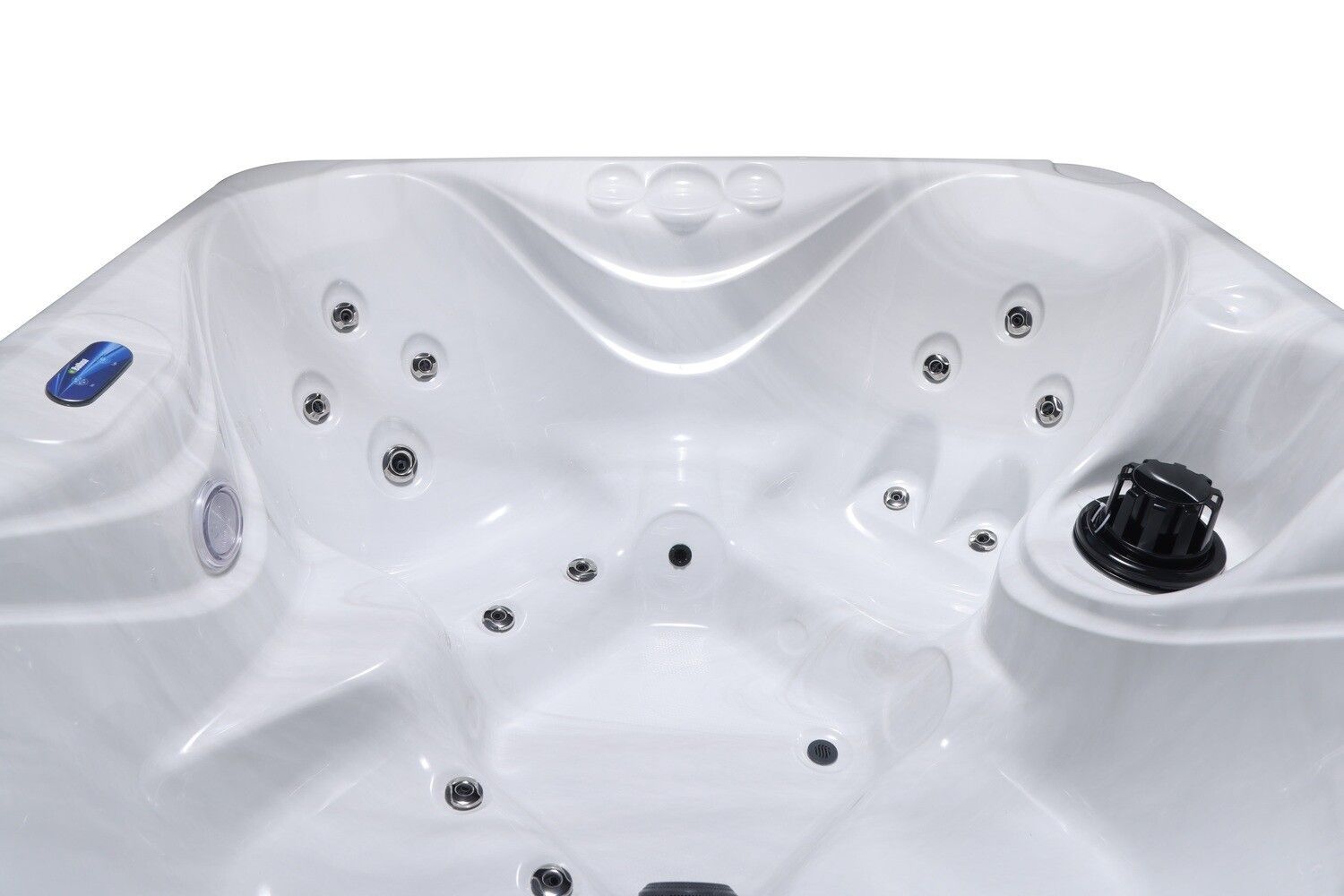 White hot tub interior with several jets and controls.