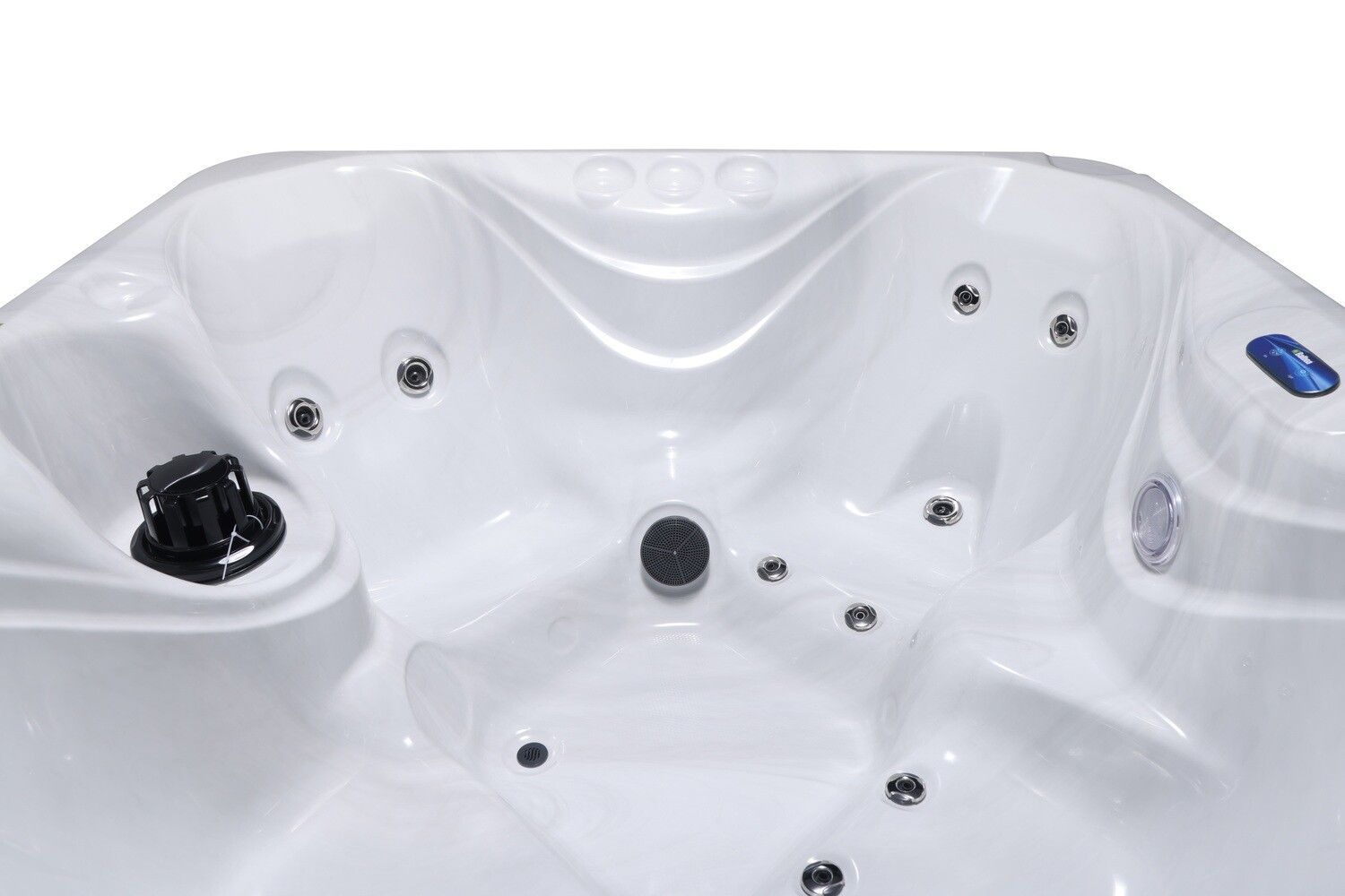 White hot tub interior with several jets and controls.