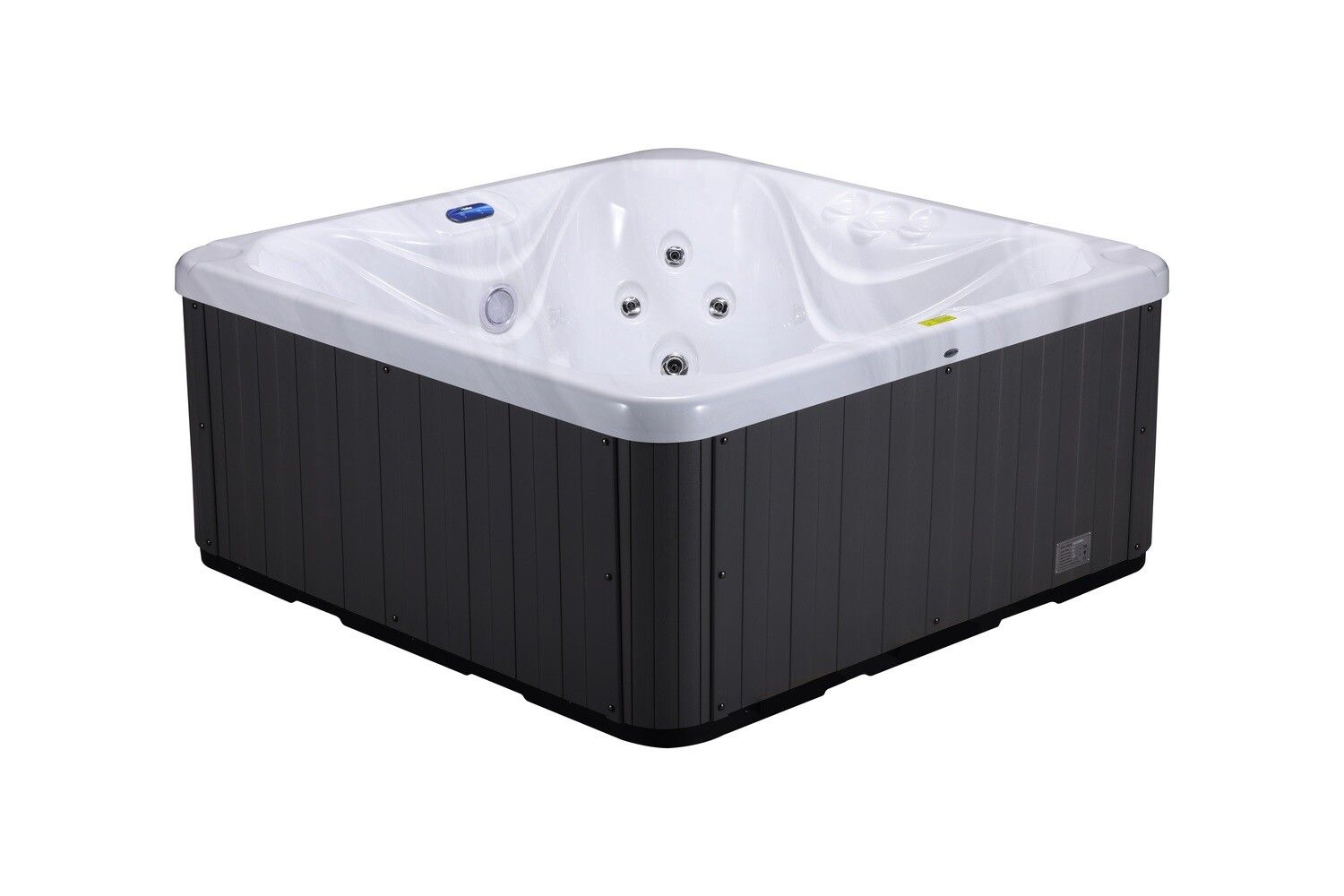 Square hot tub with dark gray exterior, white interior, and jets.