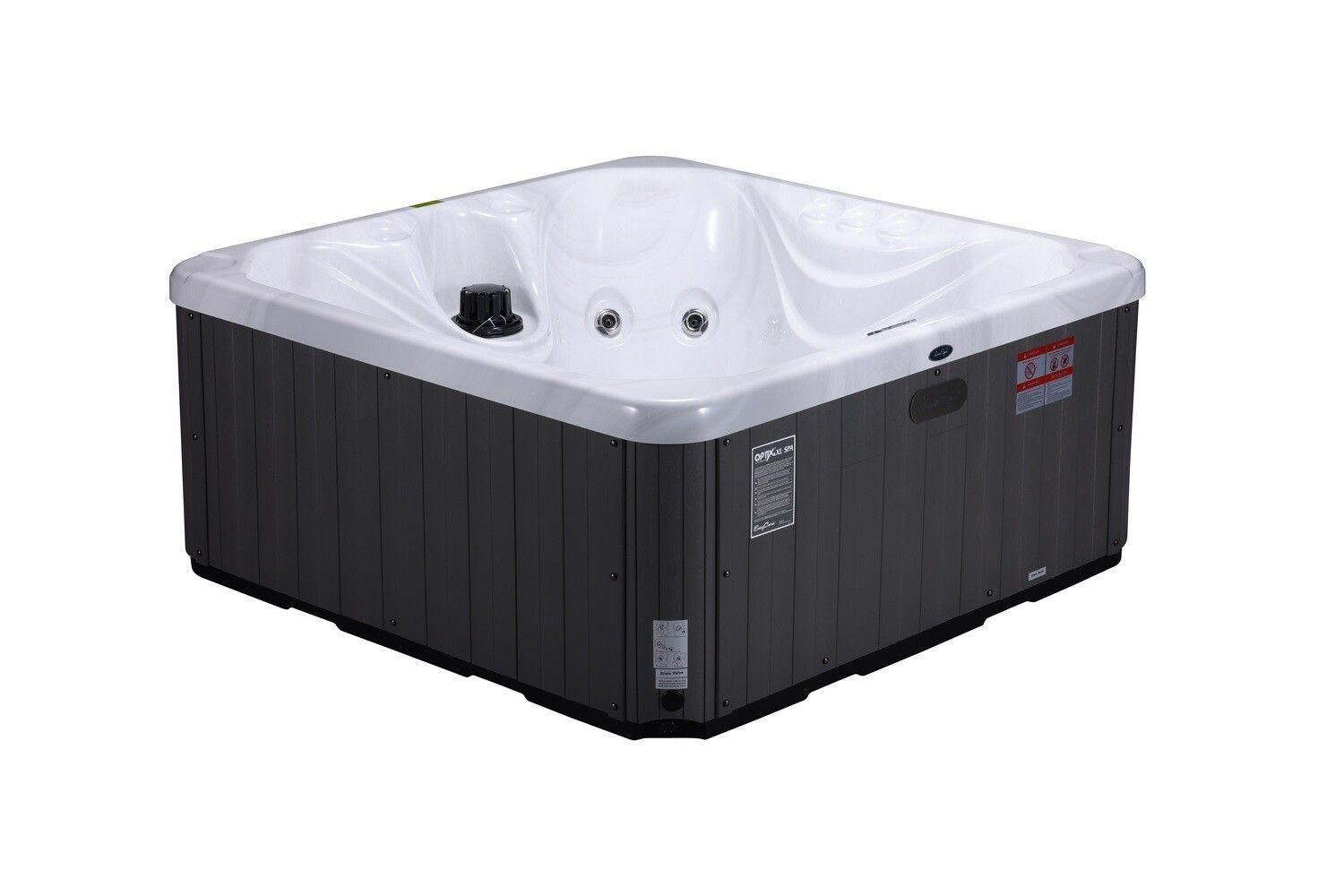 A square, gray-sided hot tub with a white interior.