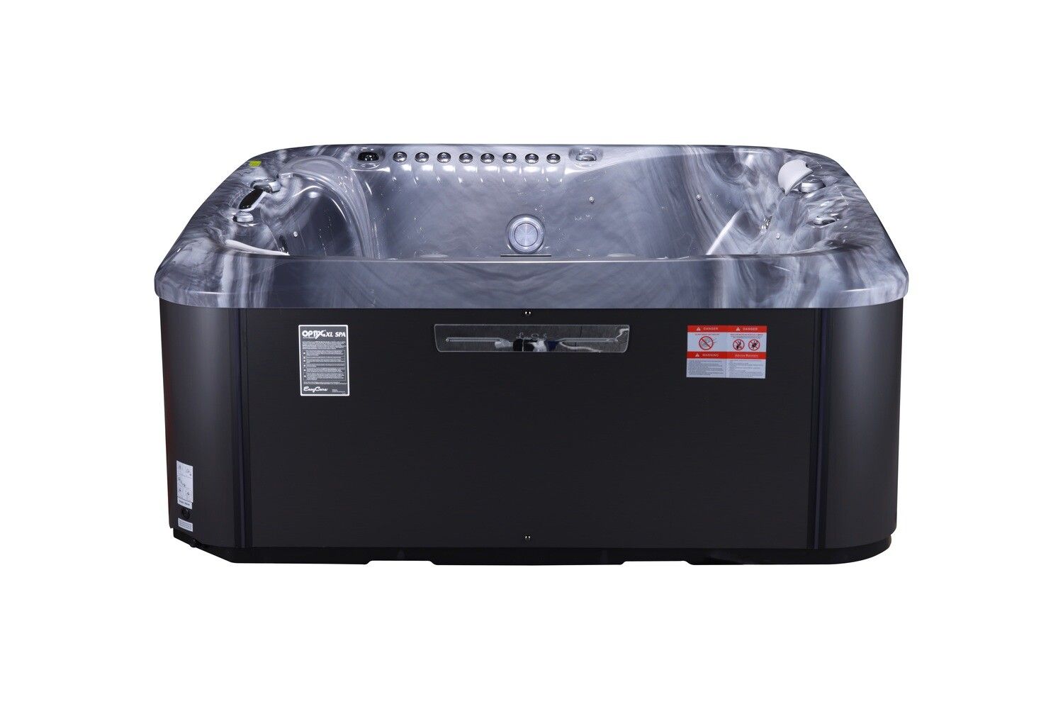 Black rectangular hot tub with dark gray interior against a white background.