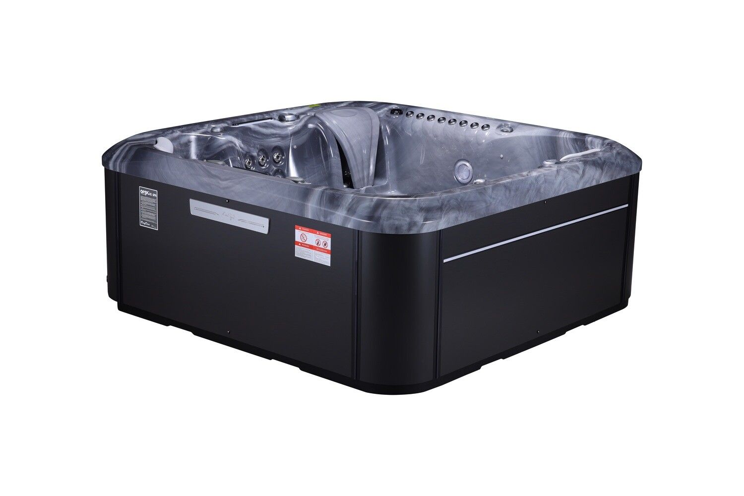 Black rectangular hot tub, gray interior, black exterior, outdoors.