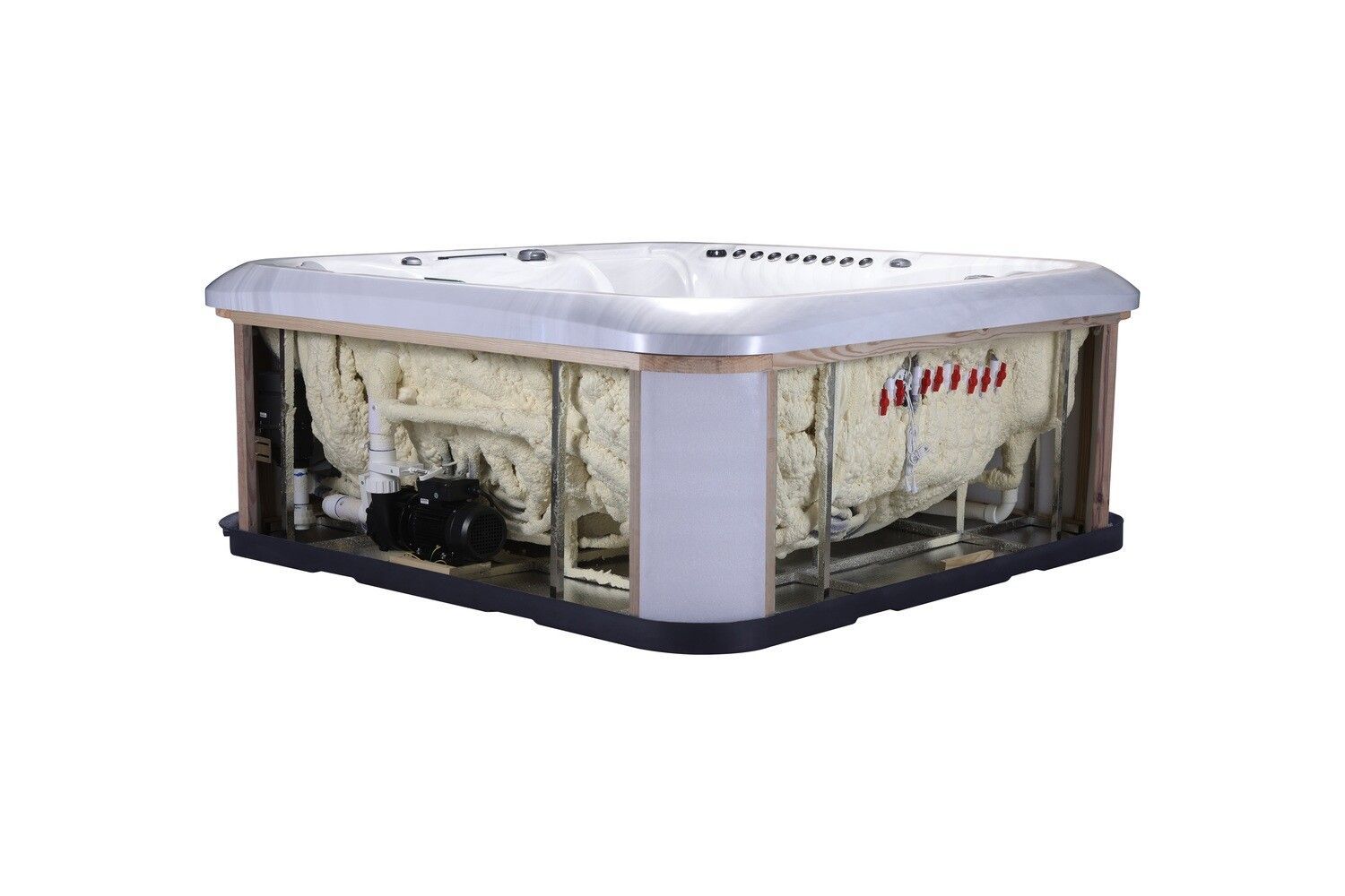 Cutaway view of a hot tub, showing its internal components and insulation.