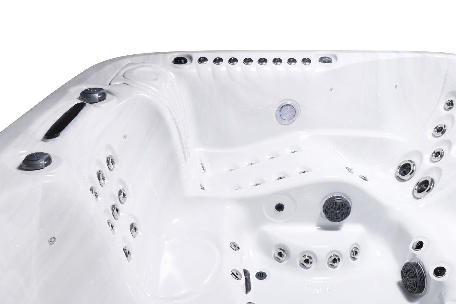 Close-up of a white hot tub interior with jets and seating.