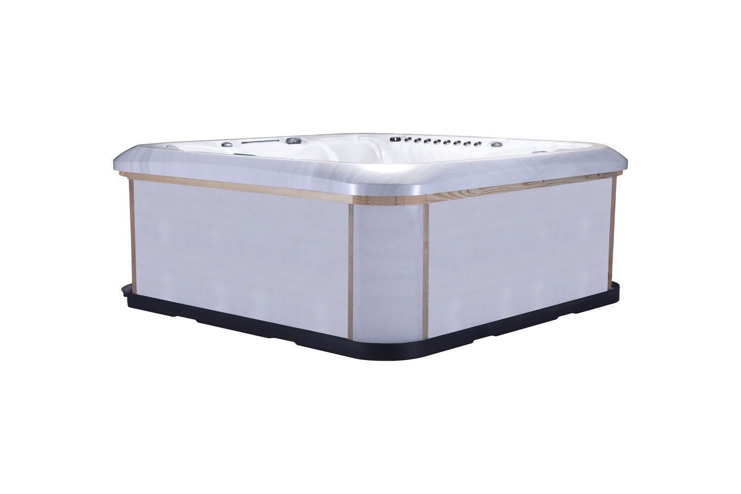 A square, white hot tub with a light-colored trim, set on a dark base.