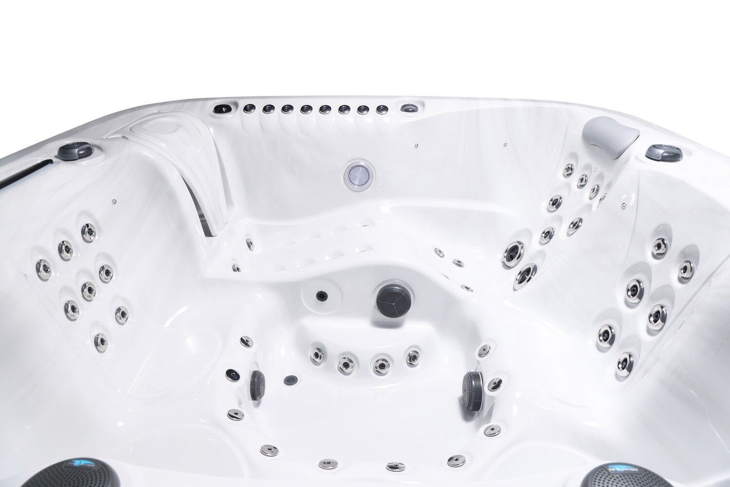 White hot tub interior with jets and control buttons.