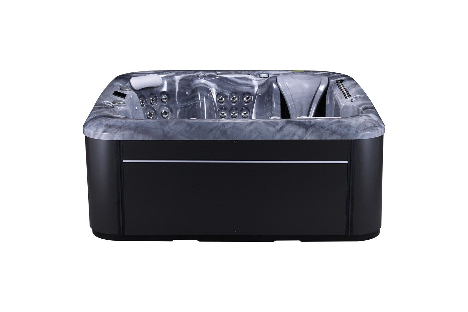 Black hot tub with gray marble-look interior, jets, and controls.