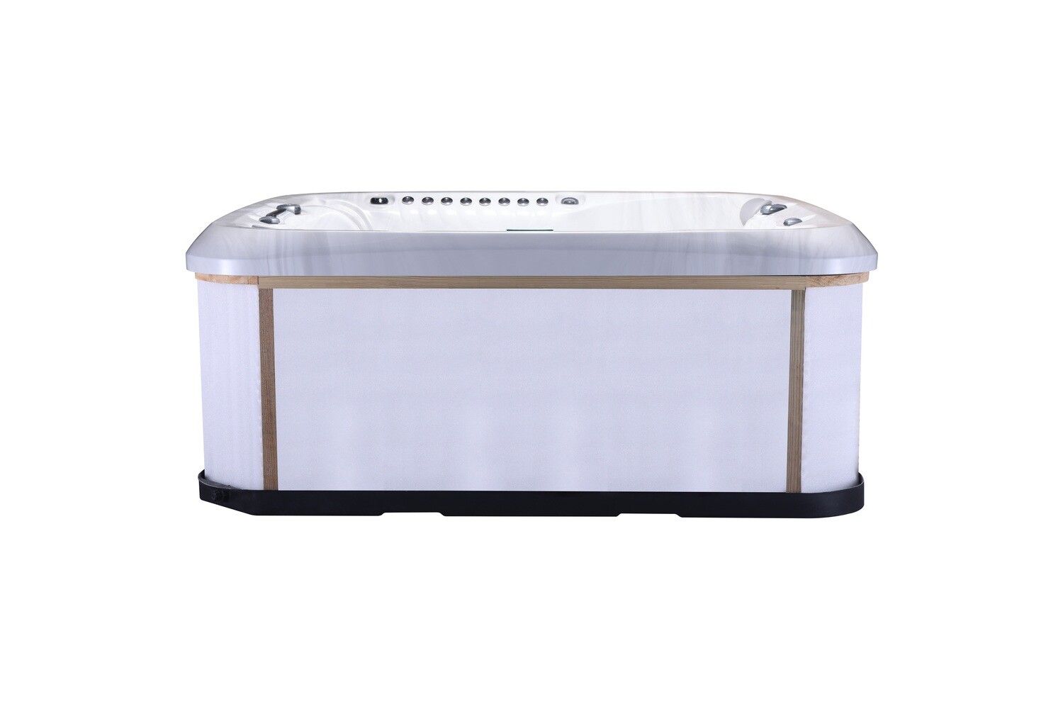 White hot tub with gray top and wooden trim, black base.