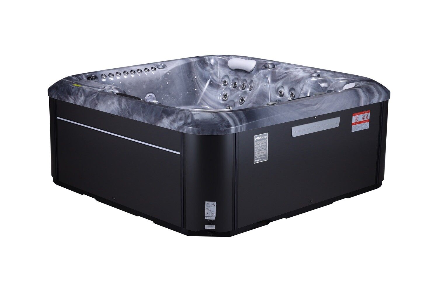 Black square hot tub with grey interior, jets, and controls.