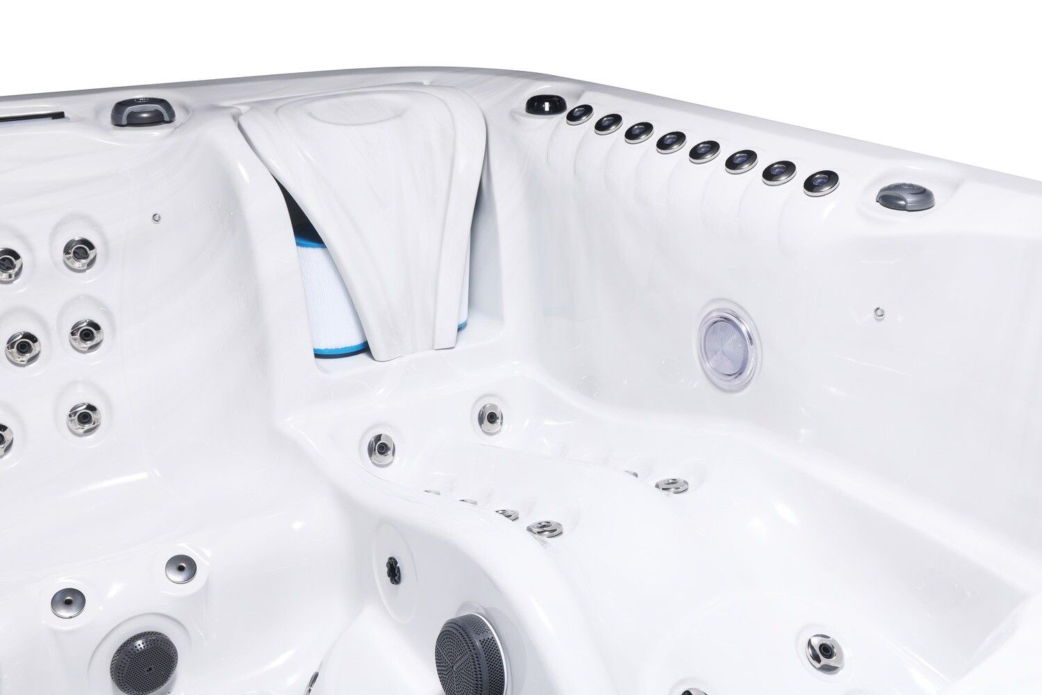 White hot tub interior with jets and a built-in headrest.