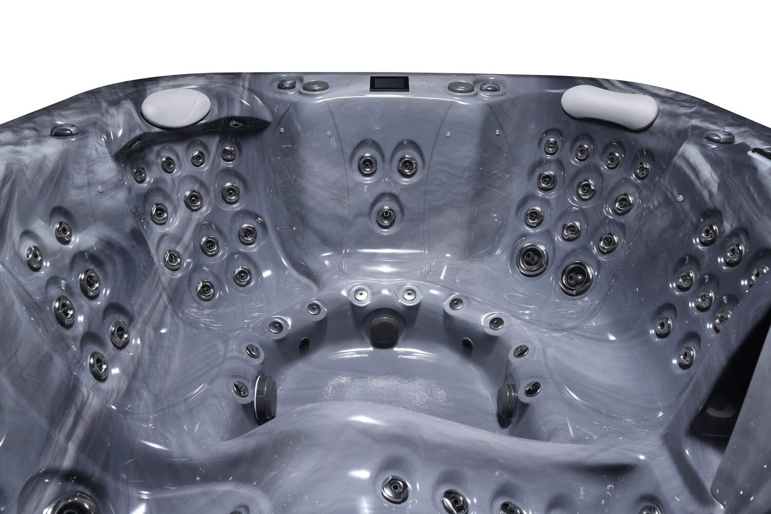 Interior of a gray hot tub with multiple jets, seating, and controls.