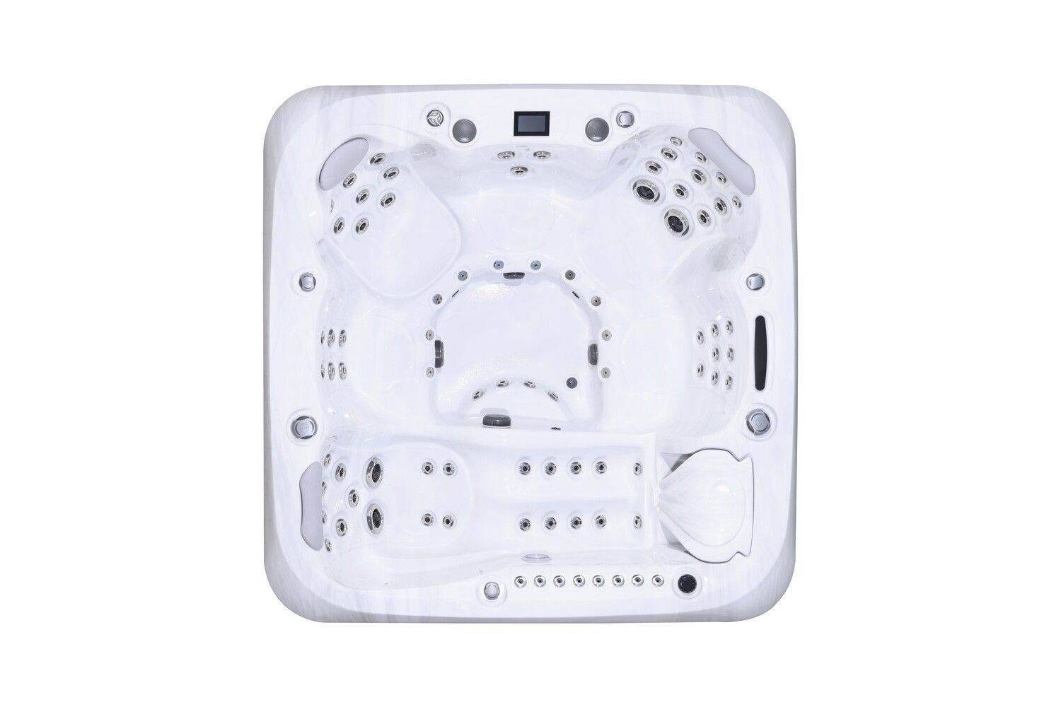Overhead view of a white hot tub with multiple jet configurations and seating areas.