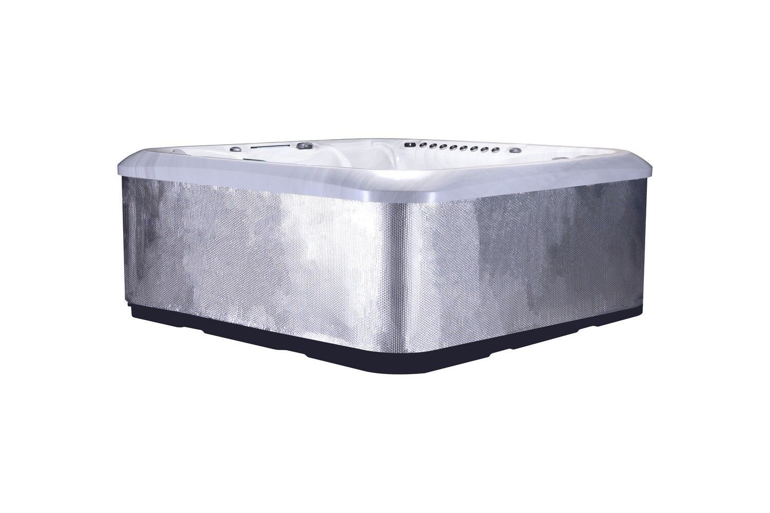 Silver, triangular hot tub with a dark base and light-colored interior, isolated on white.