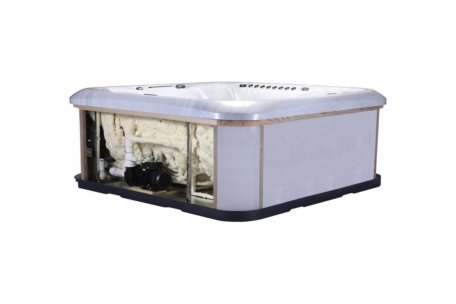 Partially disassembled hot tub, showing interior components, insulation, and exterior panels.