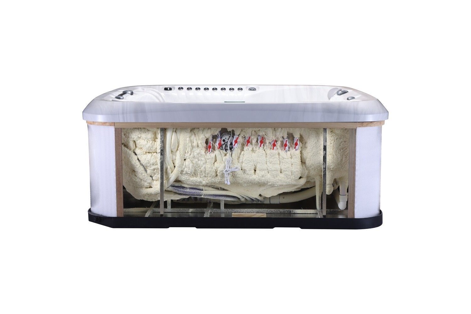 Cross-section of a hot tub, showing interior components, insulation, and framing.
