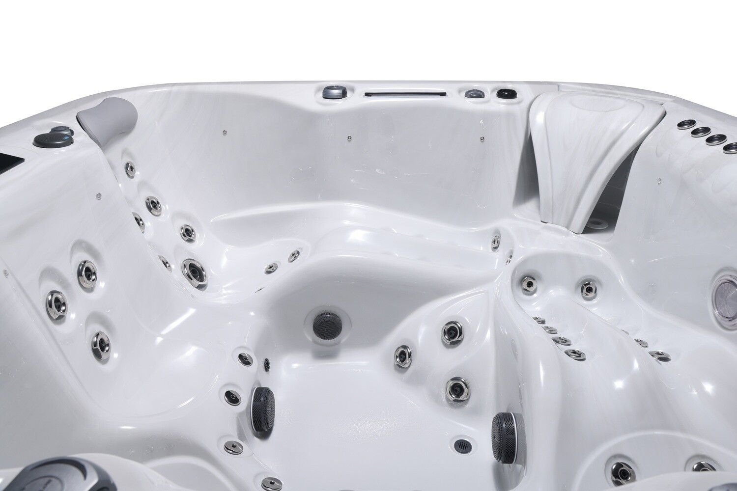 White hot tub interior with multiple seats and jets.
