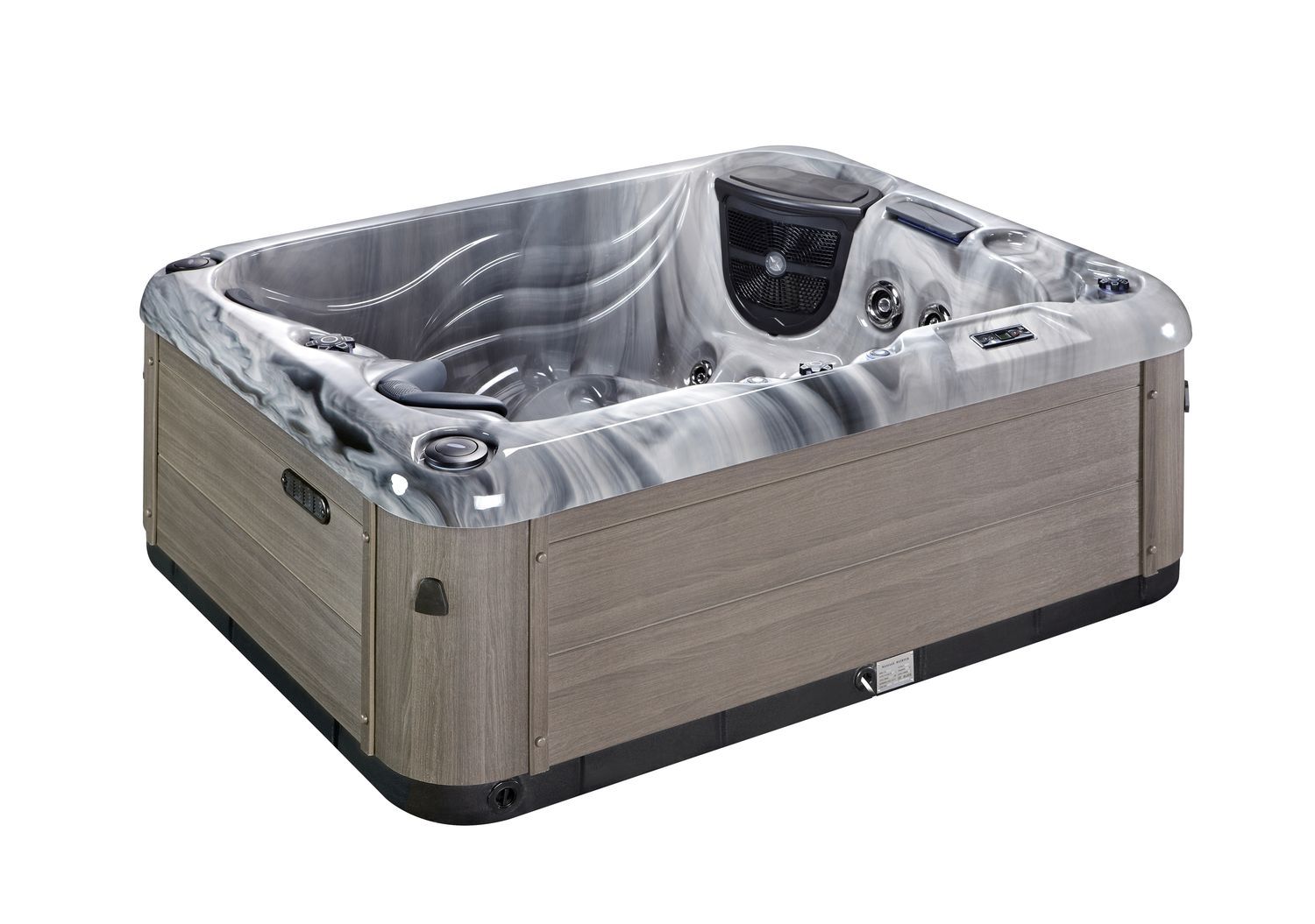 A rectangular hot tub with gray and brown panels, featuring water and jets.