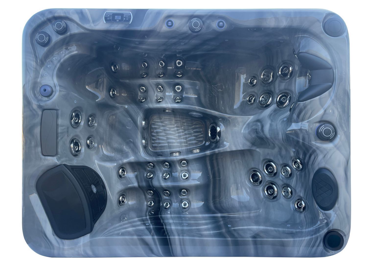 Top-down view of a blue and gray marbled hot tub with multiple jet seating areas.