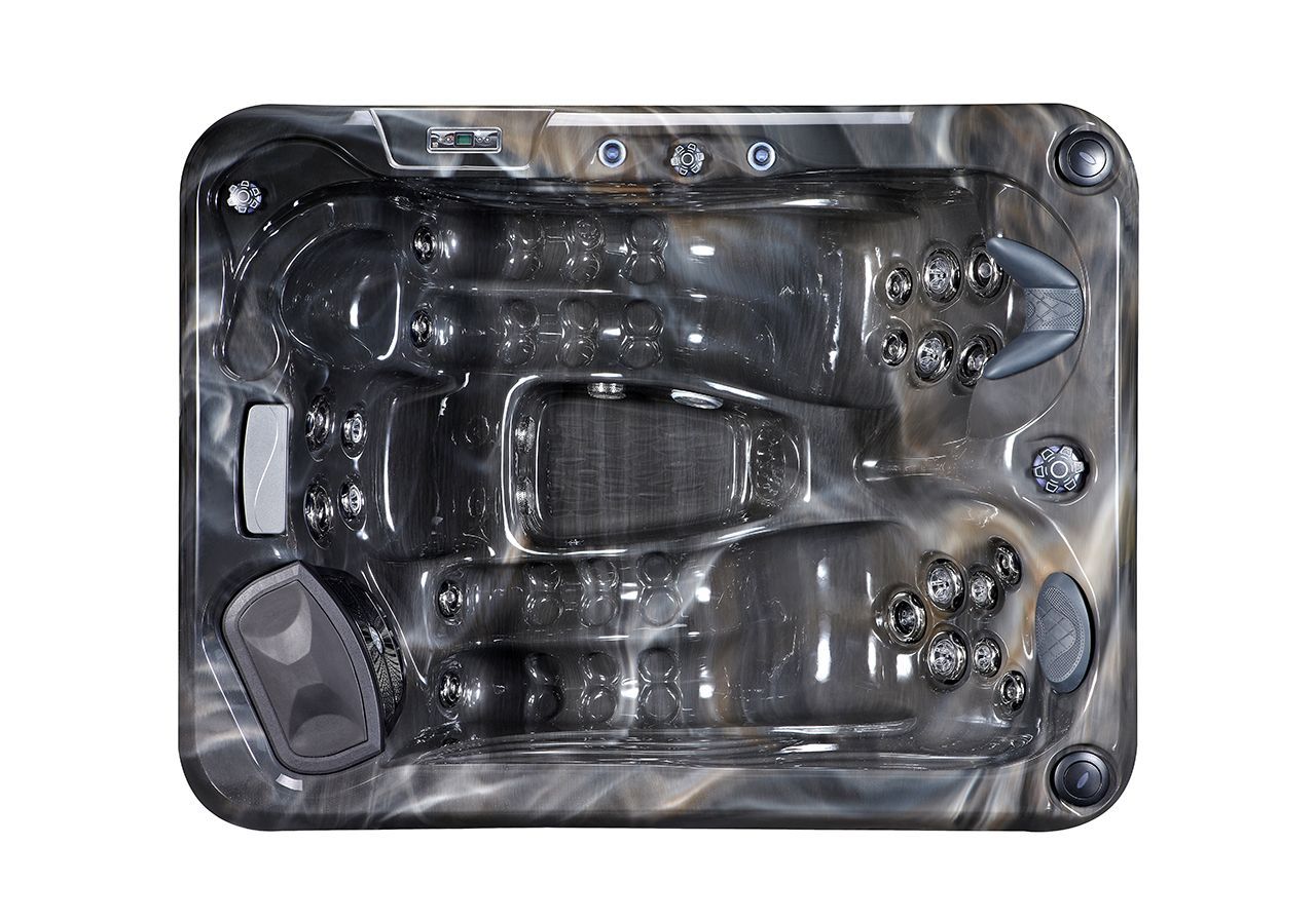 Overhead view of a gray and black marbled hot tub with multiple jets and seating areas.