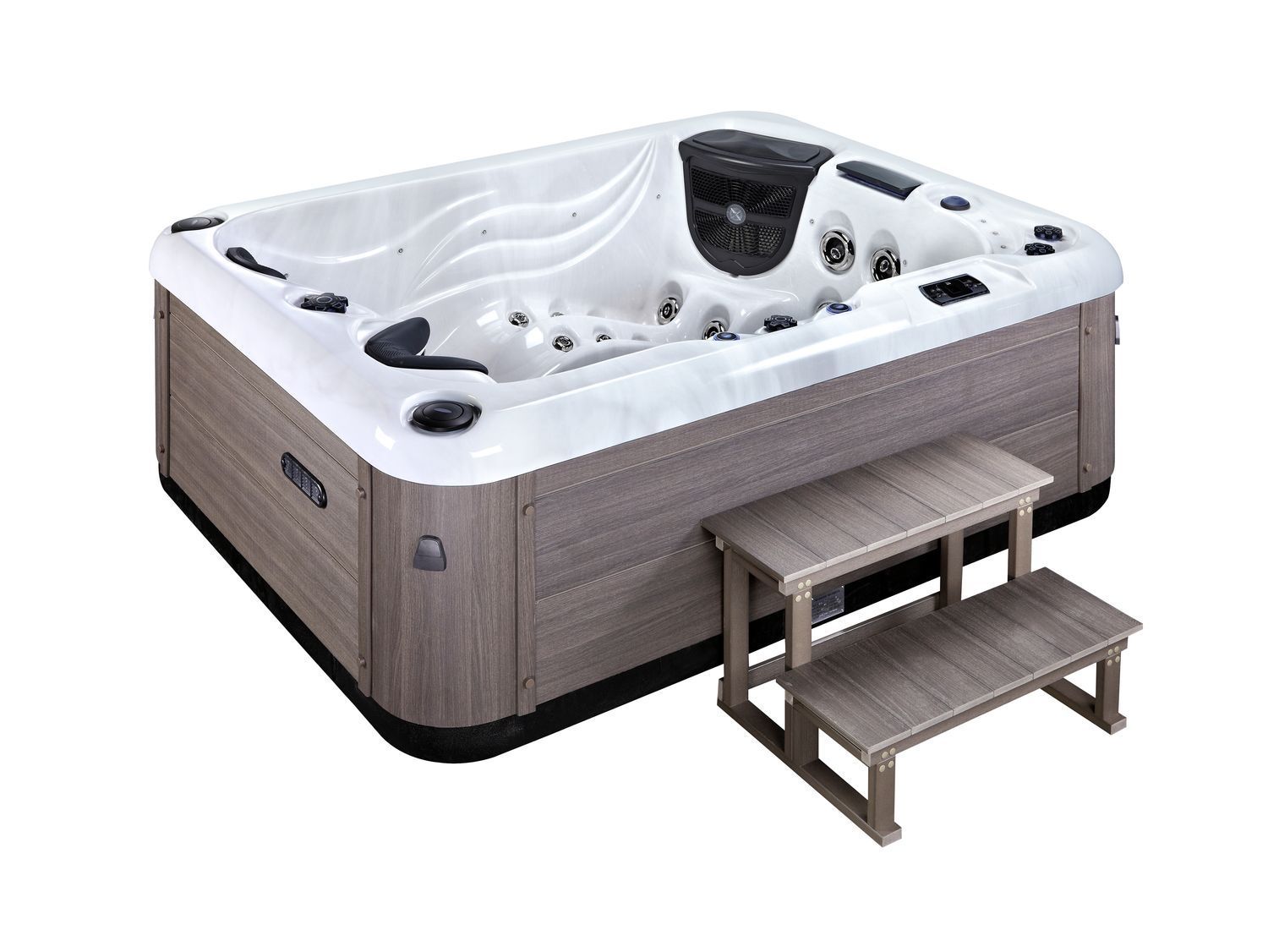 A rectangular hot tub with steps. Gray wooden exterior, white interior with multiple jet nozzles.
