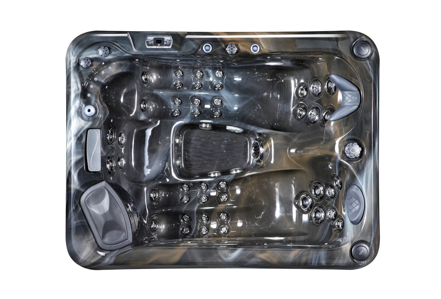 Dark, marbled hot tub with multiple jet nozzles and seating areas.