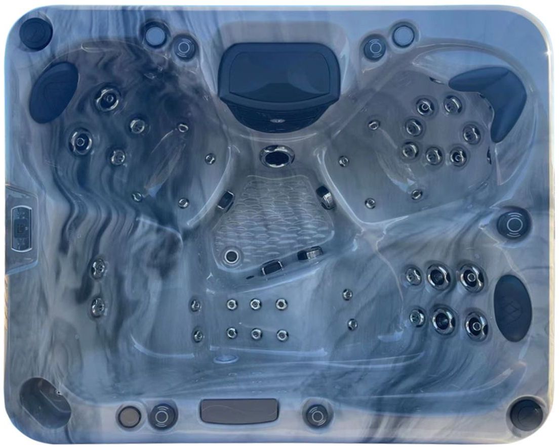 Top-down view of a rectangular, marbled blue hot tub with multiple jet clusters and seating.