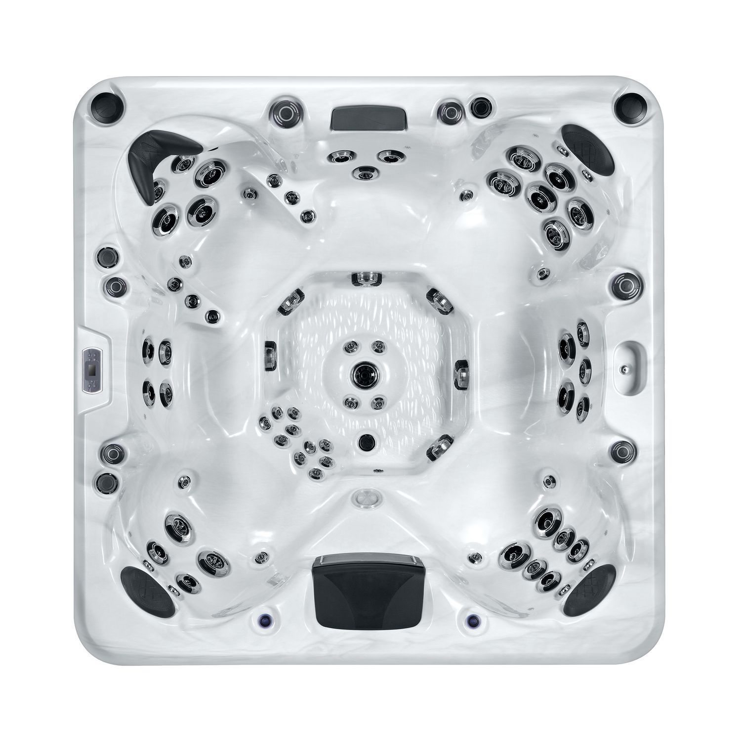 Overhead view of a square, white hot tub with multiple jets, seating areas, and control panel.