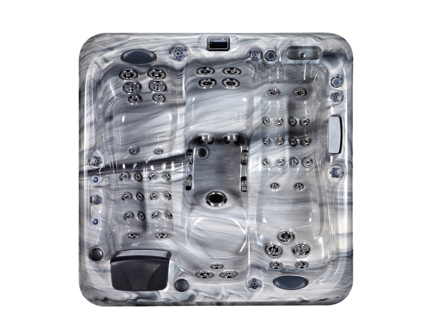 Top-down view of a rectangular, marbled gray hot tub with multiple jet arrangements and seating areas.