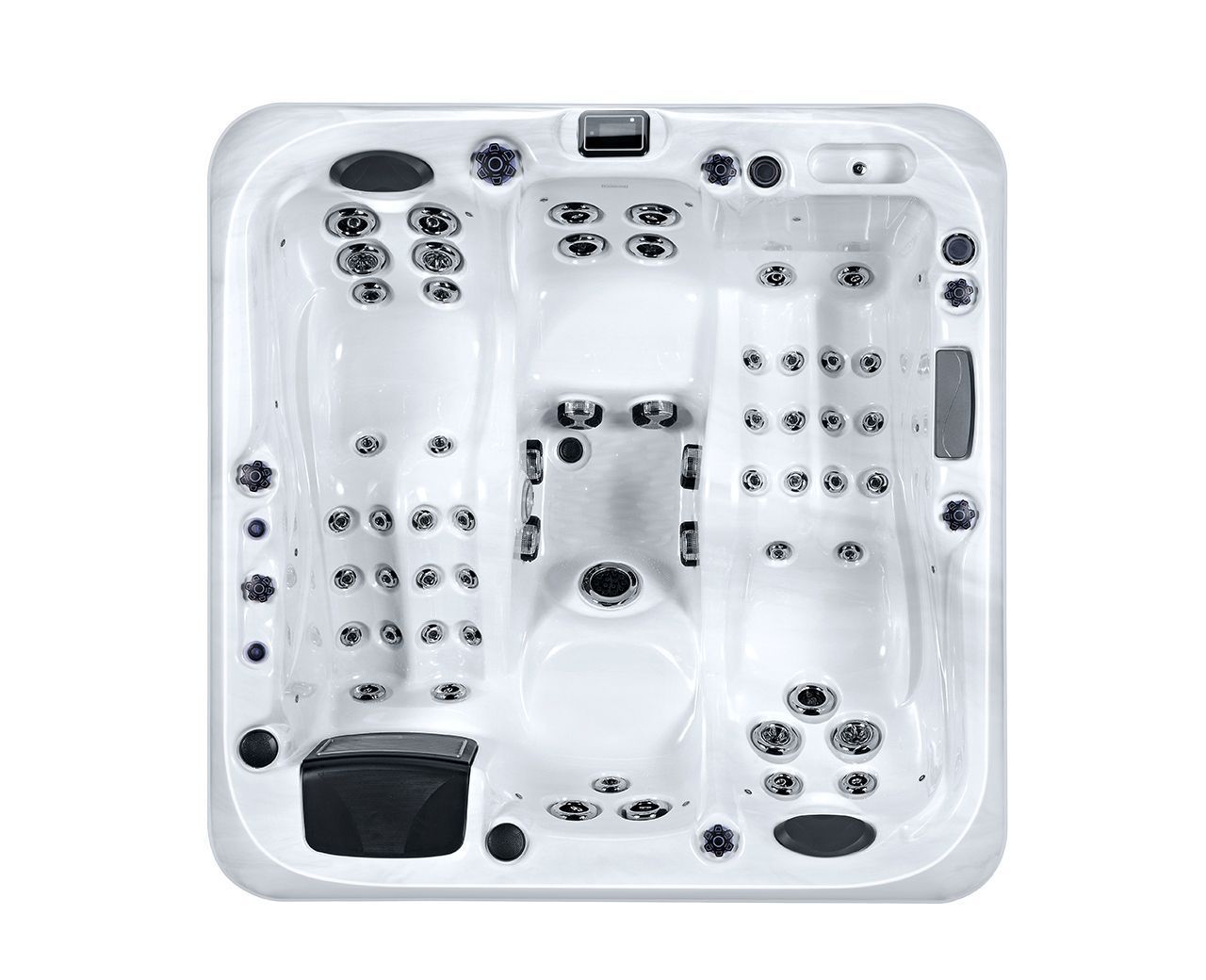 Overhead view of a white, square hot tub with multiple jets and seating areas.