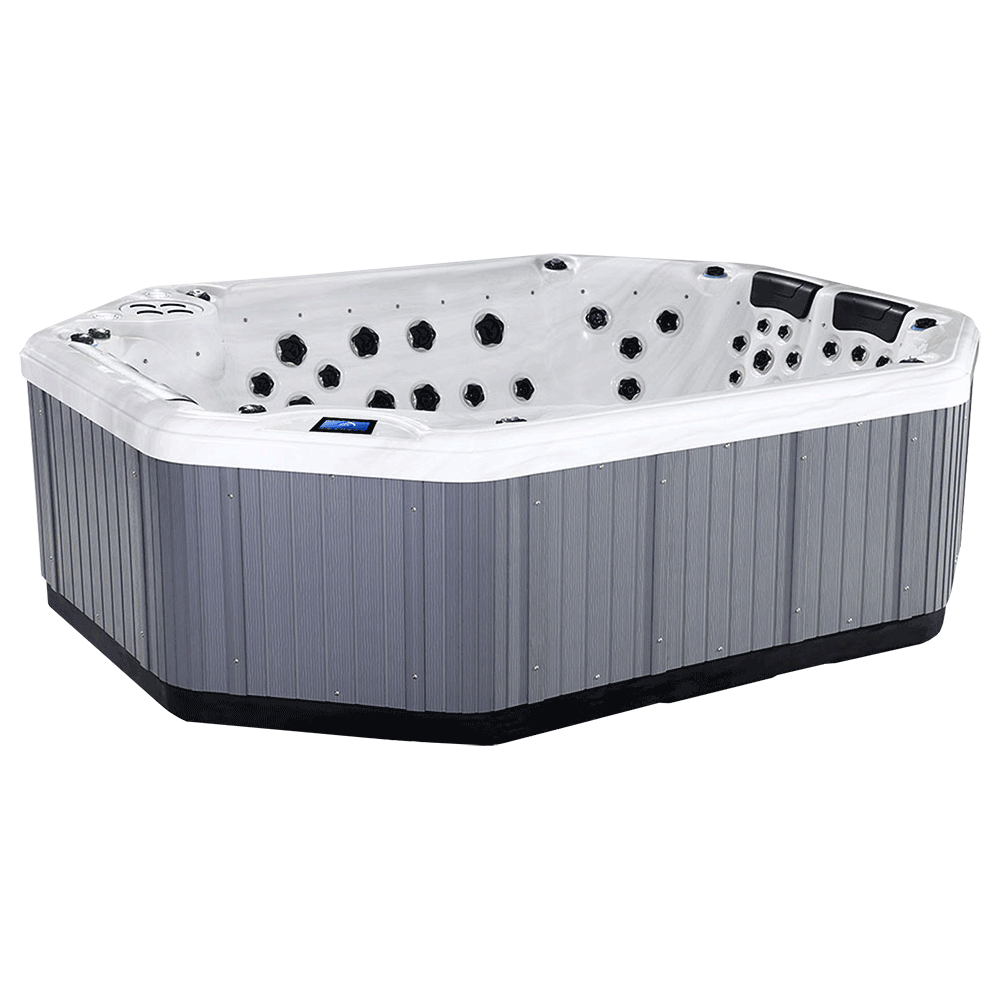 Gray and white hot tub with jets, set outdoors.