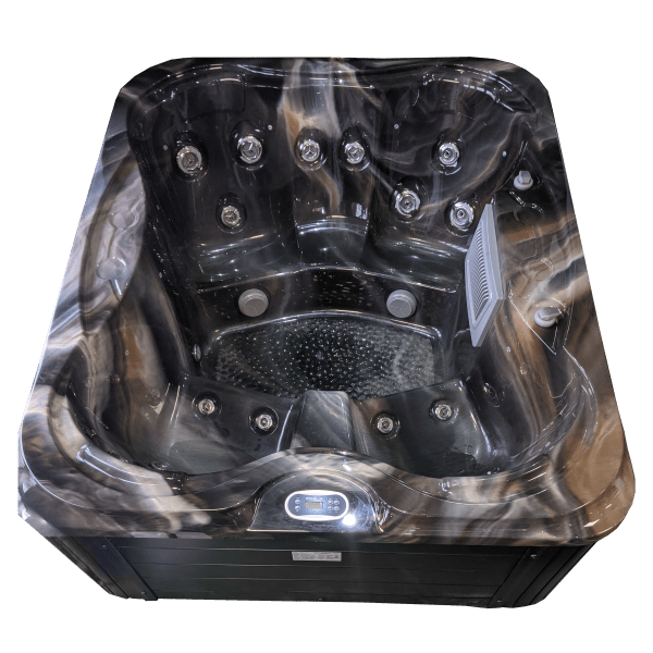 Black and grey marbled hot tub with multiple jets, control panel, and seating.