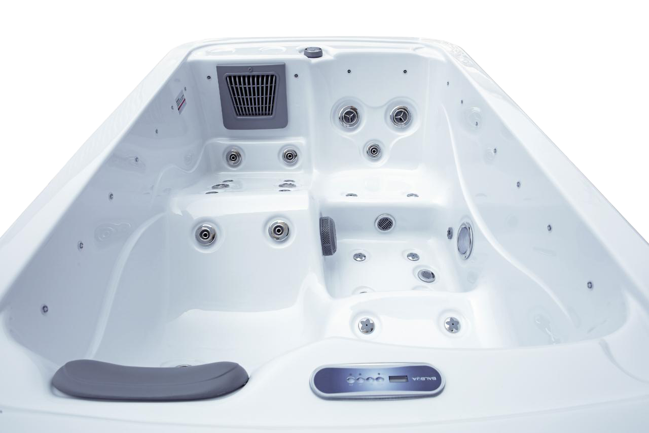 White hot tub interior with multiple jets, seats, and a control panel.