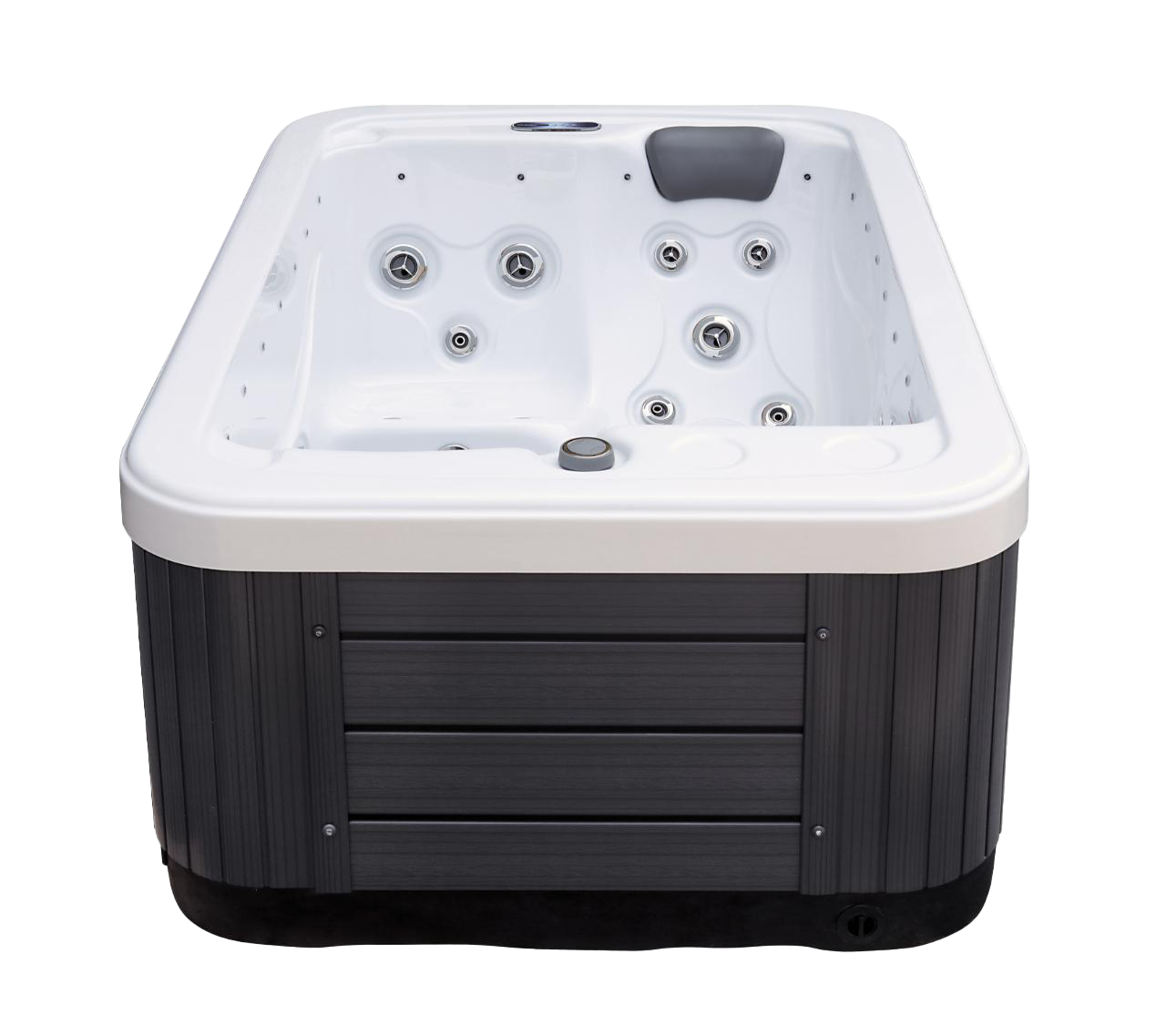 Rectangular hot tub with dark gray siding, light gray interior, and multiple jets.