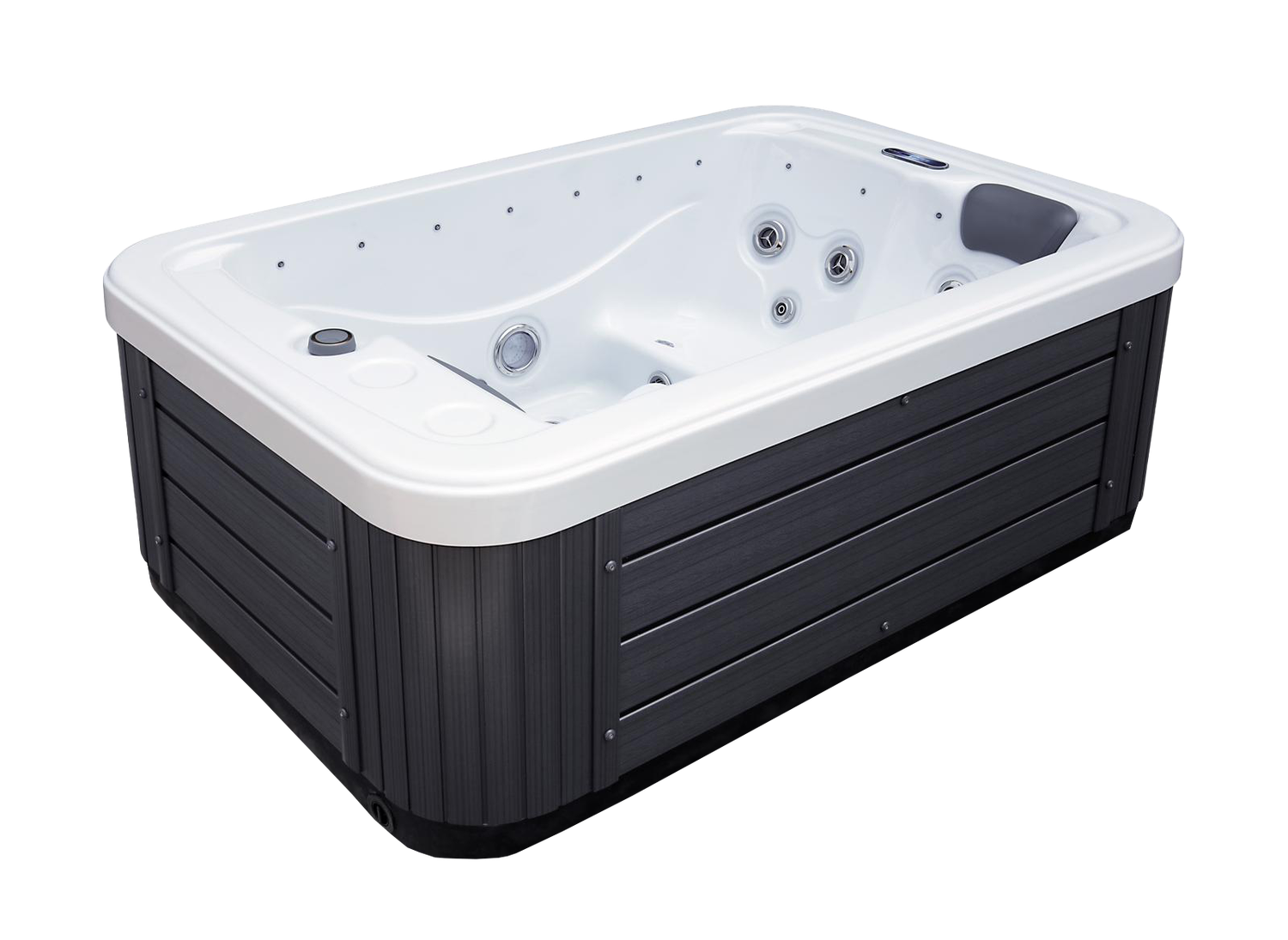 Rectangular hot tub, white interior with gray jets, dark gray exterior, set outdoors.