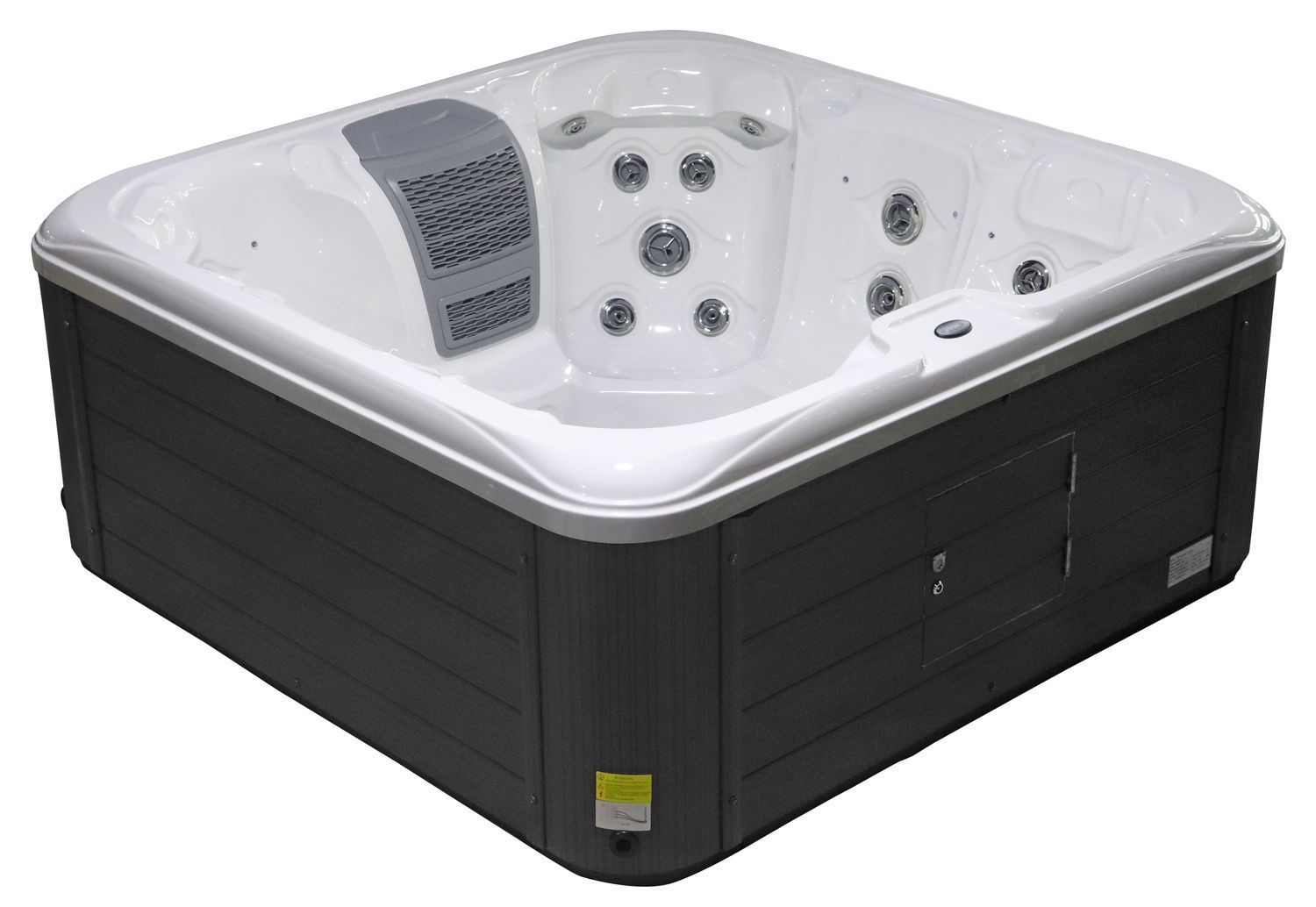 Square hot tub with gray exterior, white interior, and jets.